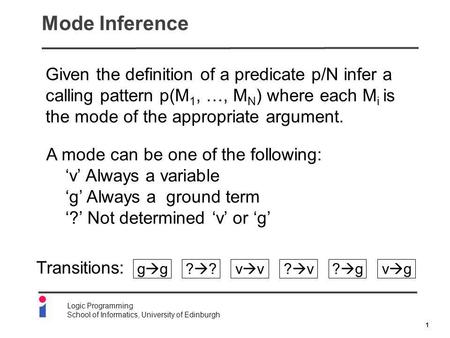 1 Logic Programming School of Informatics, University of Edinburgh Mode Inference Given the definition of a predicate p/N infer a calling pattern p(M 1,