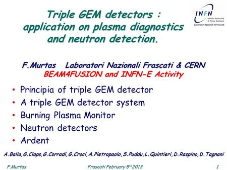 F.Murtas1 Frascati February 5 th 2013 Triple GEM detectors : application on plasma diagnostics and neutron detection. Principia of triple GEM detector.