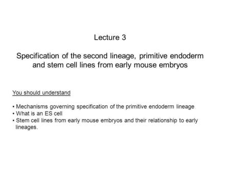 Lecture 3 Specification of the second lineage, primitive endoderm and stem cell lines from early mouse embryos You should understand Mechanisms governing.