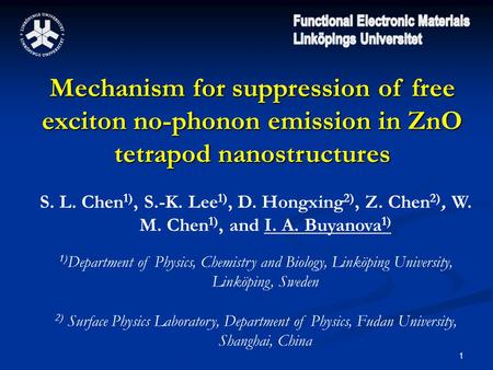 1 Mechanism for suppression of free exciton no-phonon emission in ZnO tetrapod nanostructures S. L. Chen 1), S.-K. Lee 1), D. Hongxing 2), Z. Chen 2),