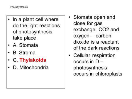 Photosynthesis Stomata open and close for gas exchange: CO2 and oxygen – carbon dioxide is a reactant of the dark reactions Cellular respiration occurs.