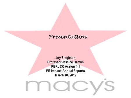 Presentation Joy Singleton Professor Jessica Hamlin PBRL350 Assign 4-1 PR Impact: Annual Reports March 18, 2012.