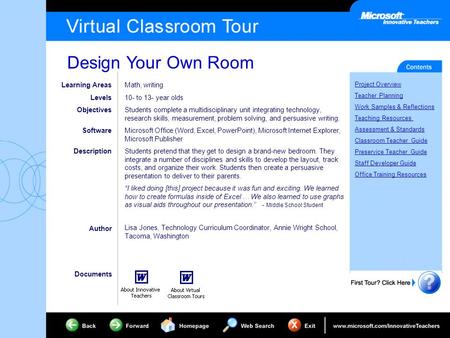 Design Your Own Room Project Overview Teacher Planning Work Samples & Reflections Teaching Resources Assessment & Standards Classroom Teacher Guide Preservice.