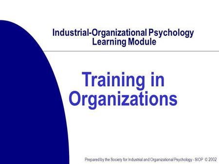 Prepared by the Society for Industrial and Organizational Psychology - SIOP © 2002 Industrial-Organizational Psychology Learning Module Training in Organizations.