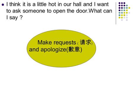 I think it is a little hot in our hall and I want to ask someone to open the door.What can I say ? Make requests （ 请求 ) and apologize( 歉意 )