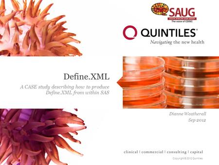 Copyright © 2012 Quintiles Define.XML A CASE study describing how to produce Define.XML from within SAS Dianne Weatherall Sep 2012.
