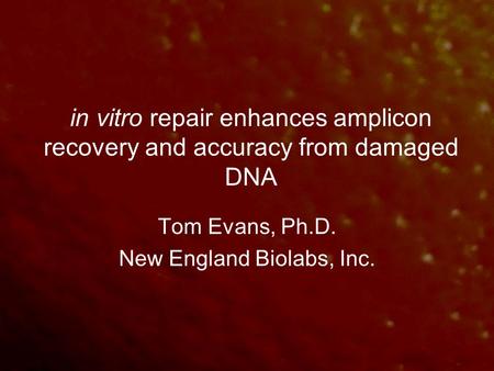 In vitro repair enhances amplicon recovery and accuracy from damaged DNA Tom Evans, Ph.D. New England Biolabs, Inc.