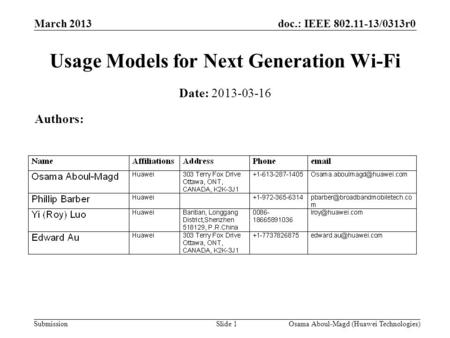 Doc.: IEEE 802.11-13/0313r0 Submission March 2013 Osama Aboul-Magd (Huawei Technologies)Slide 1 Usage Models for Next Generation Wi-Fi Date: 2013-03-16.