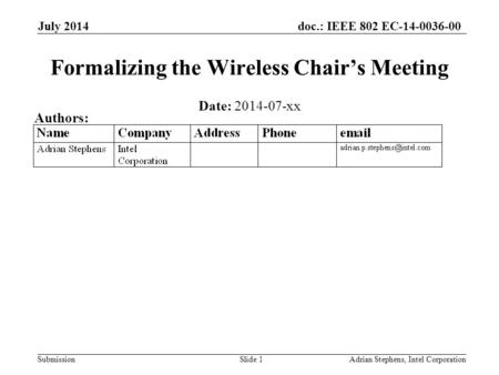 Doc.: IEEE 802 EC-14-0036-00 Submission July 2014 Adrian Stephens, Intel CorporationSlide 1 Formalizing the Wireless Chair’s Meeting Date: 2014-07-xx Authors: