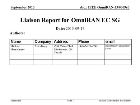 Doc.: IEEE OmniRAN-13/0069r0 Submission September 2013 Michael Montemurro, BlackBerrySlide 1 Liaison Report for OmniRAN EC SG Date: 2013-09-17 Authors: