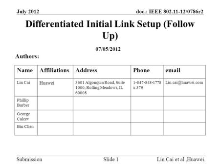 Doc.: IEEE 802.11-12/0786r2 Submission Differentiated Initial Link Setup (Follow Up) July 2012 Lin Cai et al,Huawei.Slide 1 Authors: NameAffiliationsAddressPhoneemail.