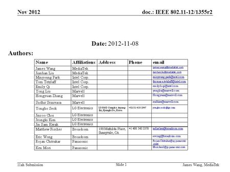 Doc.: IEEE 802.11-12/1355r2 11ah Submission Date: 2012-11-08 Authors: Nov 2012 James Wang, MediaTek Slide 1.