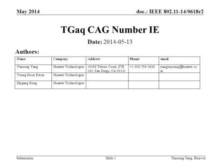 Doc.: IEEE 802.11-14/0618r2 Submission May 2014 Yunsong Yang, HuaweiSlide 1 TGaq CAG Number IE Date: 2014-05-13 Authors: