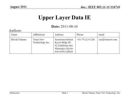 Submission doc.: IEEE 802.11-11/1167r0 August 2011 Hiroki Nakano, Trans New Technology, Inc.Slide 1 Upper Layer Data IE Date: 2011-08-16 Authors: NameAffiliationsAddressPhoneemail.