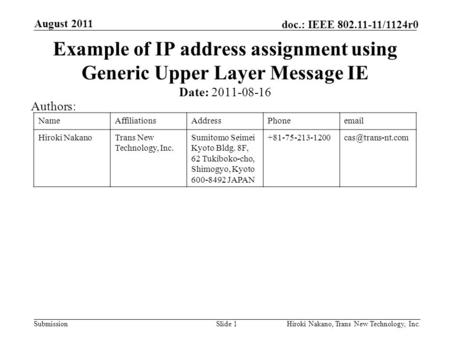 Submission doc.: IEEE 802.11-11/1124r0 August 2011 Hiroki Nakano, Trans New Technology, Inc.Slide 1 Example of IP address assignment using Generic Upper.