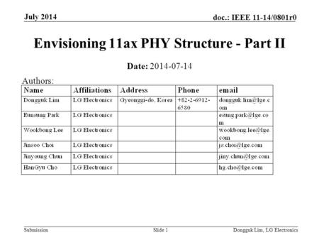 Submission doc.: IEEE 11-14/0801r0 July 2014 Dongguk Lim, LG ElectronicsSlide 1 Envisioning 11ax PHY Structure - Part II Date: 2014-07-14 Authors: