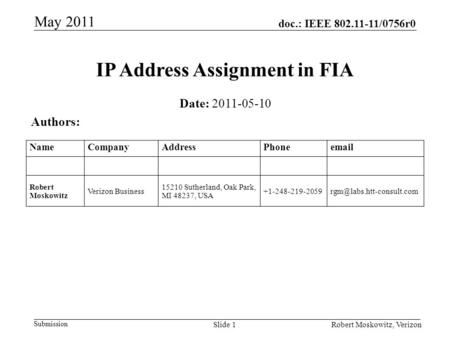 Doc.: IEEE 802.11-11/0756r0 Submission May 2011 Robert Moskowitz, VerizonSlide 1 IP Address Assignment in FIA Date: 2011-05-10 Authors: NameCompanyAddressPhoneemail.