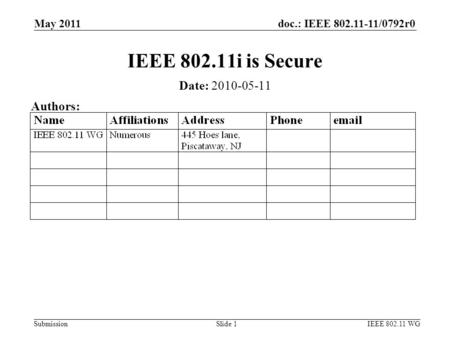 Doc.: IEEE 802.11-11/0792r0 Submission May 2011 IEEE 802.11 WGSlide 1 IEEE 802.11i is Secure Date: 2010-05-11 Authors: