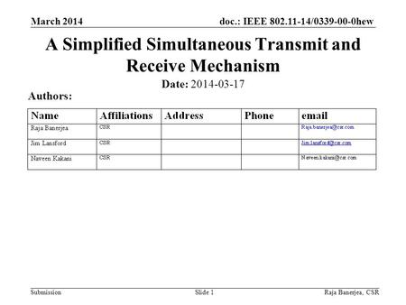 Doc.: IEEE 802.11-14/0339-00-0hew Submission March 2014 Raja Banerjea, CSRSlide 1 A Simplified Simultaneous Transmit and Receive Mechanism Date: 2014-03-17.