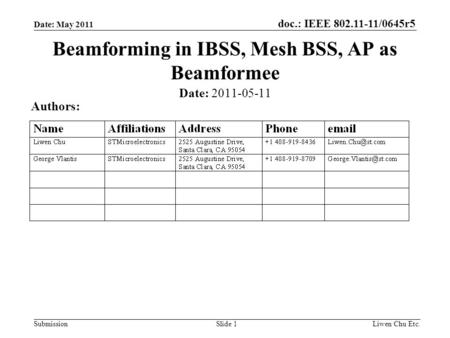 Doc.: IEEE 802.11-11/0645r5 SubmissionLiwen Chu Etc.Slide 1 Beamforming in IBSS, Mesh BSS, AP as Beamformee Date: 2011-05-11 Authors: Date: May 2011.