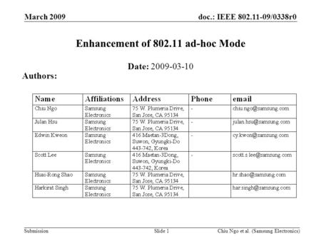 Doc.: IEEE 802.11-09/0338r0 Submission March 2009 Chiu Ngo et al. (Samsung Electronics)Slide 1 Enhancement of 802.11 ad-hoc Mode Date: 2009-03-10 Authors: