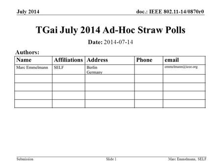 Doc.: IEEE 802.11-14/0870r0 Submission July 2014 Marc Emmelmann, SELFSlide 1 TGai July 2014 Ad-Hoc Straw Polls Date: 2014-07-14 Authors:
