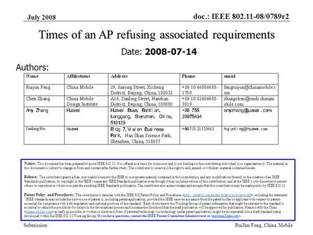 Doc.: IEEE 802.11-08/0789r2 Submission July 2008 RuiJun Feng, China Mobile Times of an AP refusing associated requirements Date: 2008-07-14 Authors: Notice: