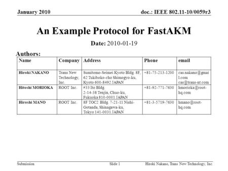 Doc.: IEEE 802.11-10/0059r3 Submission January 2010 Hiroki Nakano, Trans New Technology, Inc.Slide 1 An Example Protocol for FastAKM Date: 2010-01-19 Authors: