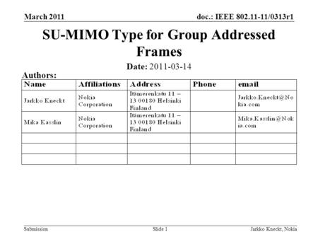 Doc.: IEEE 802.11-11/0313r1 Submission March 2011 Jarkko Kneckt, NokiaSlide 1 SU-MIMO Type for Group Addressed Frames Date: 2011-03-14 Authors:
