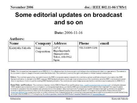 Doc.: IEEE 802.11-06/1785r1 Submission November 2006 Kazuyuki SakodaSlide 1 Some editorial updates on broadcast and so on Notice: This document has been.