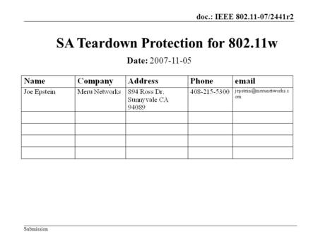 Doc.: IEEE 802.11-07/2441r2 Submission SA Teardown Protection for 802.11w Date: 2007-11-05.