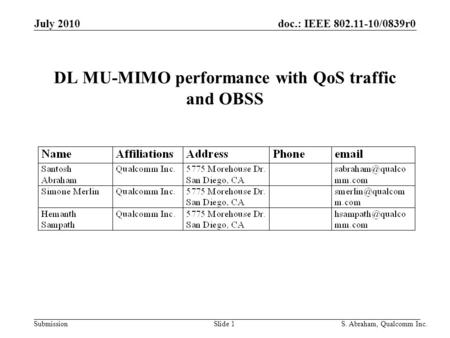 Doc.: IEEE 802.11-10/0839r0 Submission Slide 1S. Abraham, Qualcomm Inc. July 2010 DL MU-MIMO performance with QoS traffic and OBSS.