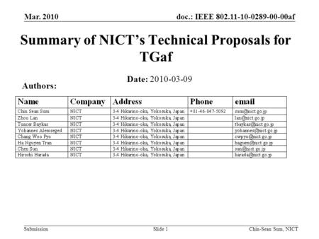 Doc.: IEEE 802.11-10-0289-00-00af Submission Mar. 2010 Chin-Sean Sum, NICTSlide 1 Summary of NICT’s Technical Proposals for TGaf Date: 2010-03-09 Authors: