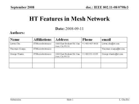 Doc.: IEEE 802.11-08/0798r3 Submission September 2008 L. Chu Etc.Slide 1 HT Features in Mesh Network Date: 2008-09-11 Authors: