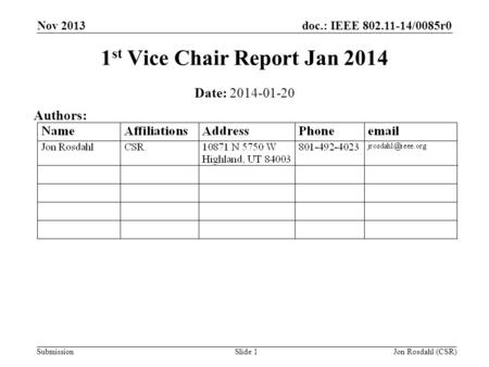 Doc.: IEEE 802.11-14/0085r0 Submission Nov 2013 Jon Rosdahl (CSR)Slide 1 1 st Vice Chair Report Jan 2014 Date: 2014-01-20 Authors: