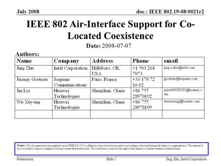 Doc.: IEEE 802.19-08/0021r2 Submission July 2008 Jing Zhu, Intel CorporationSlide 1 IEEE 802 Air-Interface Support for Co- Located Coexistence Notice: