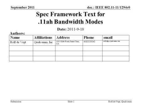 Doc.: IEEE 802.11-11/1294r0 Submission September 2011 Rolf de Vegt, QualcommSlide 1 Spec Framework Text for.11ah Bandwidth Modes Date: 2011-9-18 Authors: