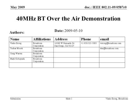 Doc.: IEEE 802.11-09/0587r0 Submission May 2009 Vinko Erceg, BroadcomSlide 1 40MHz BT Over the Air Demonstration Date: 2009-05-10 Authors: