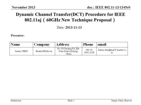 Doc.: IEEE 802.11-13/1345r0 Submission November 2013 Jiamin Chen, HuaweiSlide 1 Dynamic Channel Transfer(DCT) Procedure for IEEE 802.11aj （ 60GHz New Technique.