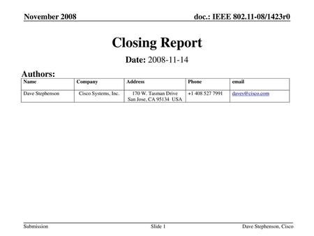 Closing Report Date: Authors: November 2008 September 2008