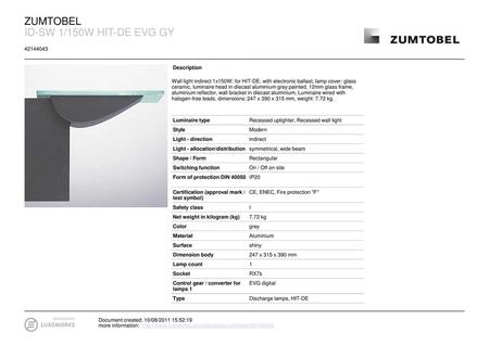 ZUMTOBEL ID-SW 1/150W HIT-DE EVG GY Description