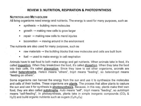 REVIEW 3: NUTRITION, RESPIRATION & PHOTOSYNTHESIS
