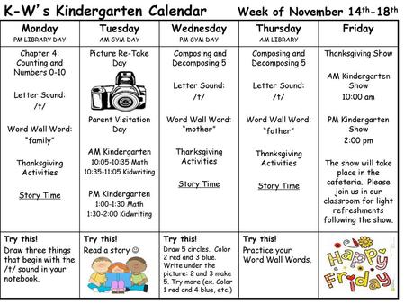 K-W’s Kindergarten Calendar Week of November 14th-18th