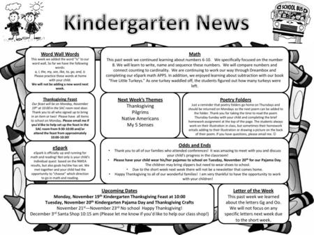 Kindergarten News Word Wall Words Math Next Week’s Themes Thanksgiving