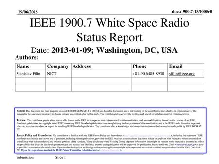 IEEE White Space Radio Status Report
