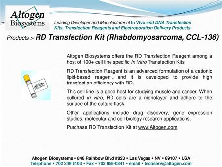 Products > RD Transfection Kit (Rhabdomyosarcoma, CCL-136)