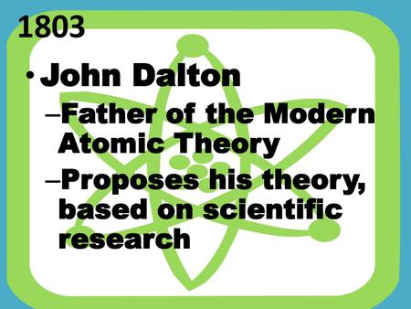1803 John Dalton Father of the Modern Atomic Theory