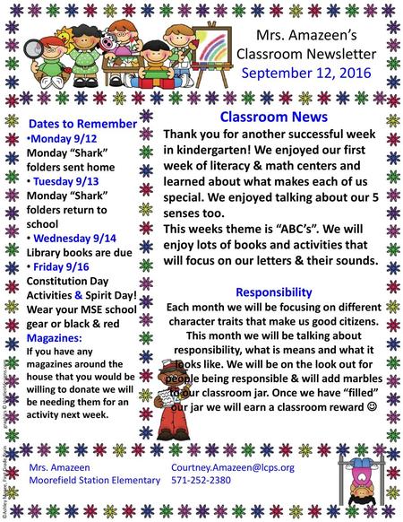 Mrs. Amazeen’s Classroom Newsletter September 12, 2016 Classroom News