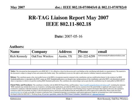 RR-TAG Liaison Report May 2007 IEEE