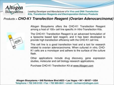 Products > CHO-K1 Transfection Reagent (Ovarian Adenocarcinoma)